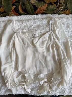 Reformation Ivory Sheer Long-Sleeve Tie Cuff Blouse